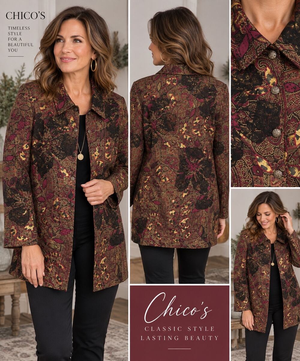 Chico’s Size 2 Metallic Tapestry Floral Brocade Jacket Burgundy Gold Y2K